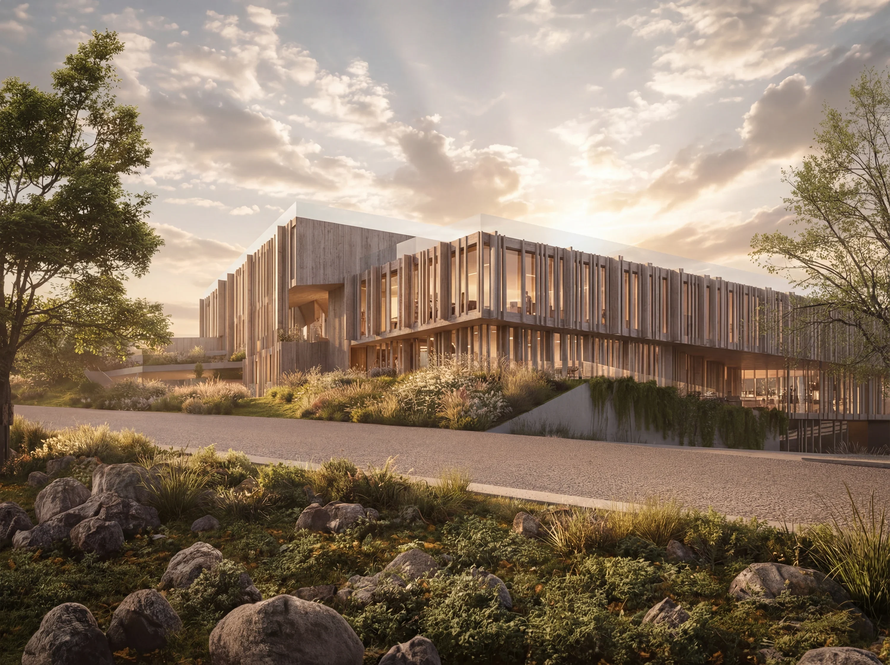 The timber-louvred Mira Verde pavilion above a planted bank at sunset