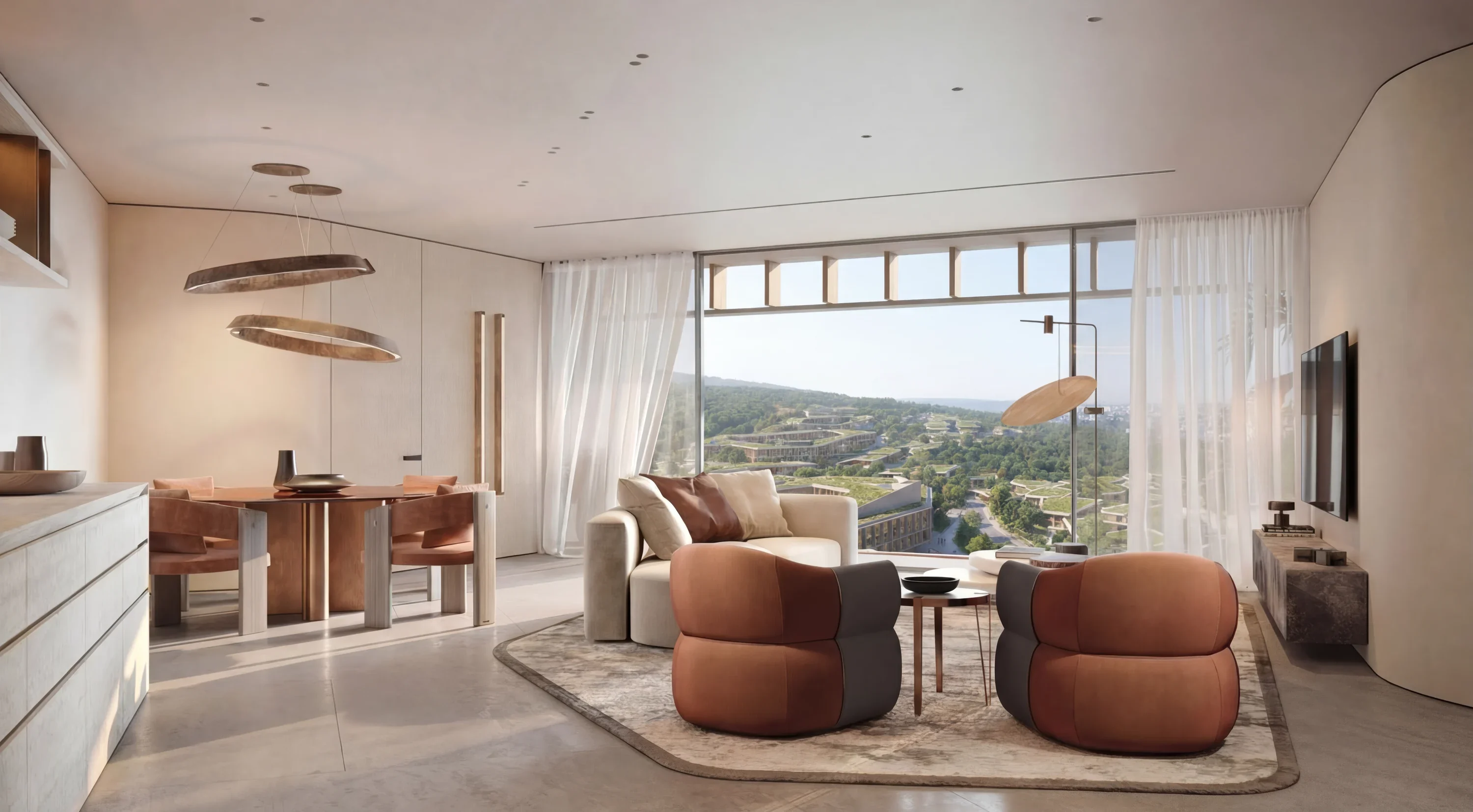 Séjour et salle à manger Trussardi Casa en plan ouvert, vue sur les collines