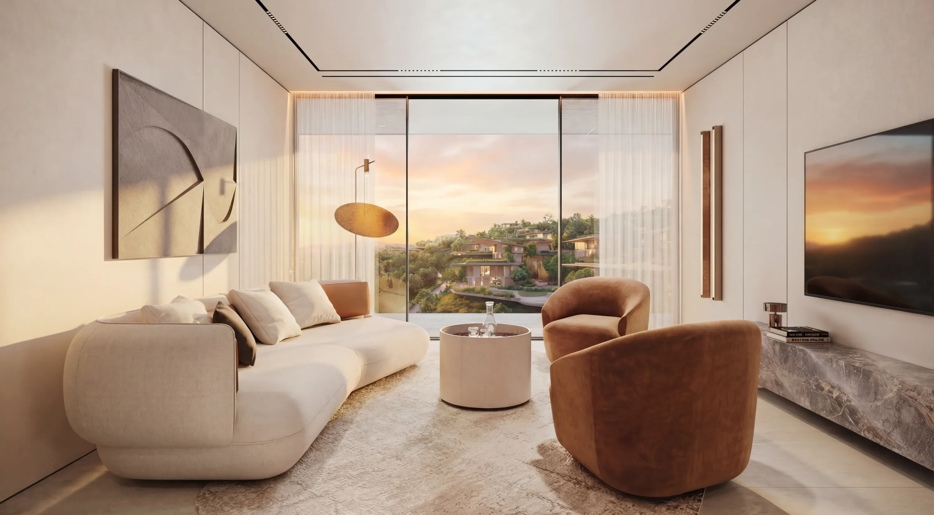 Séjour Trussardi Casa aux vitrages toute hauteur ouverts sur les collines au coucher du soleil
