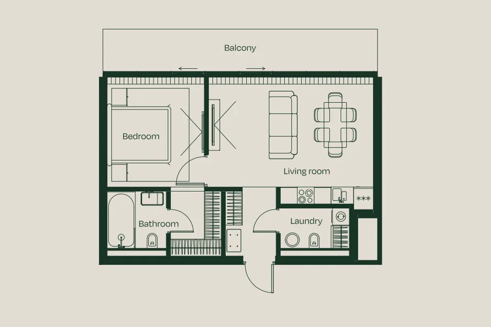 Plan d’une chambre : chambre séparée, séjour avec coin repas et cuisine ouverte, salle d’eau, buanderie et balcon sur toute la largeur du logement.