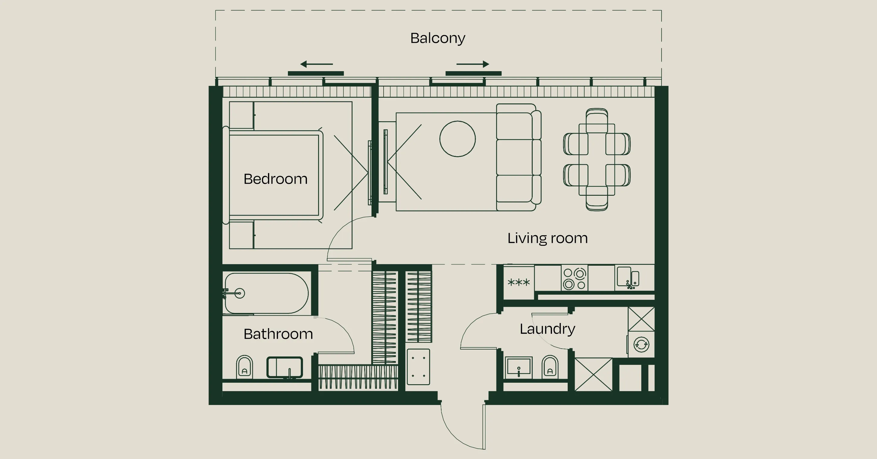 One-bedroom floor plan: a separate bedroom, a living room with dining area and open kitchen, a bathroom, a laundry room, and a balcony along the full width of the apartment.