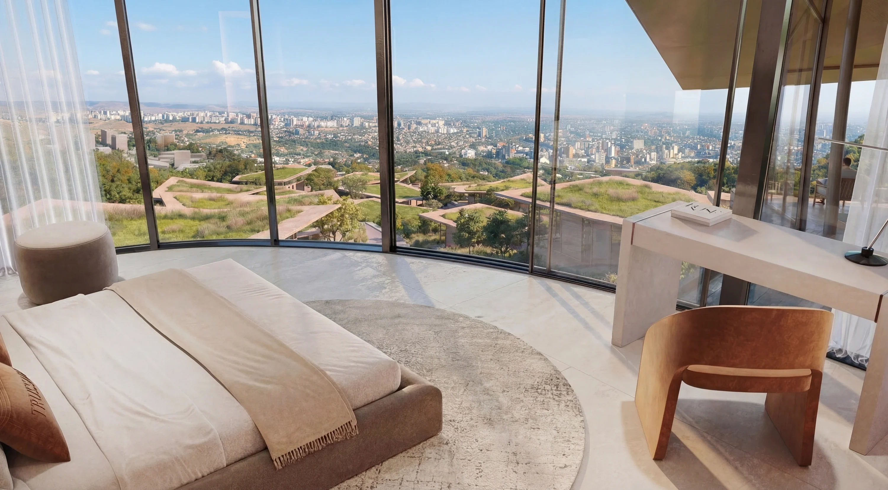 Chambre des Trussardi Residences, baie vitrée toute hauteur donnant sur Tbilissi