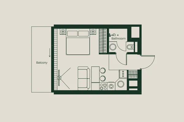 Plan de studio des Trussardi Residences : espace nuit et séjour ouvert avec kitchenette, salle d’eau séparée et balcon sur toute la largeur