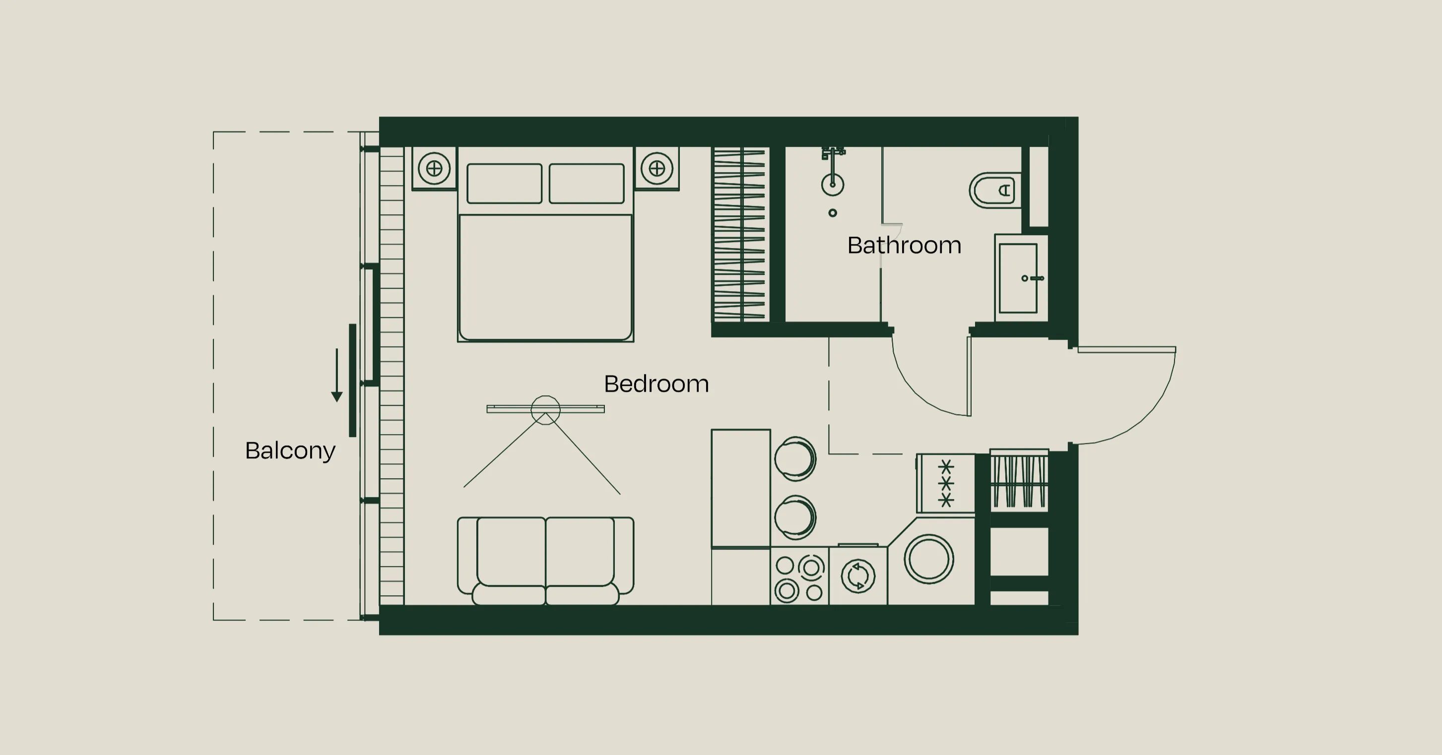 Studio floor plan: an open bedroom and living space with a kitchenette, a separate bathroom, and a balcony along the full width of the apartment.